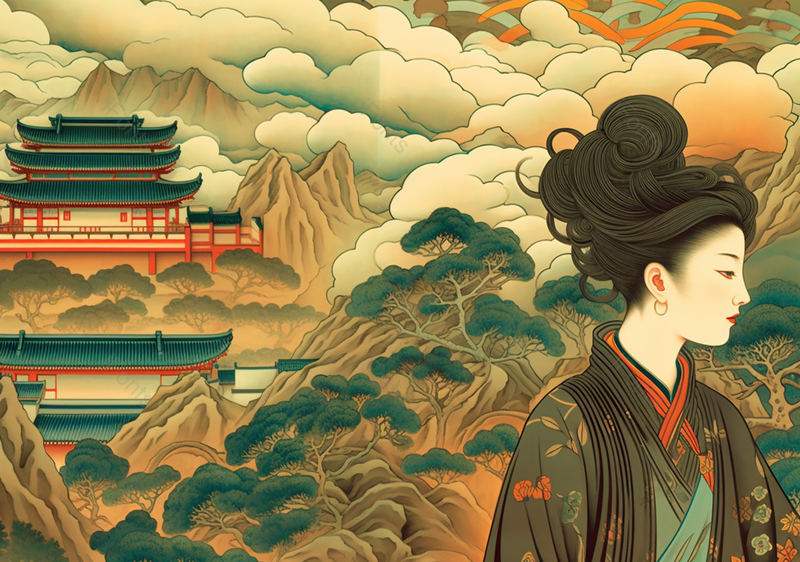 唐朝风格高山楼阁建筑和女孩背景,插画/手绘图,插画/手绘图库,插画/手绘图下载,插画/手绘